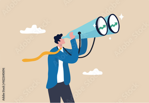 Financial forecast, vision for stock market investment return, make profit opportunity, discover economic recover, businessman financial professional look through binocular to see graph and chart.