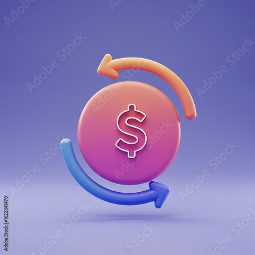 A 3D render of a coin with a dollar sign, encircled by curved arrows indicating exchange or transaction, against a purple background.