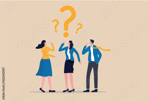 Confused business team finding answer or solution to solve problem, work question or doubt and suspicion in work process concept, businessman and woman team thinking with question mark symbol.