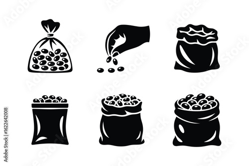 Bagged Beans and Hand Dropping Beans black white