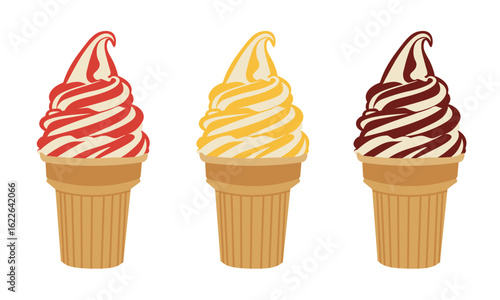 sundae soft ice cream strawberry chocolate vanilla isolated vector illustration