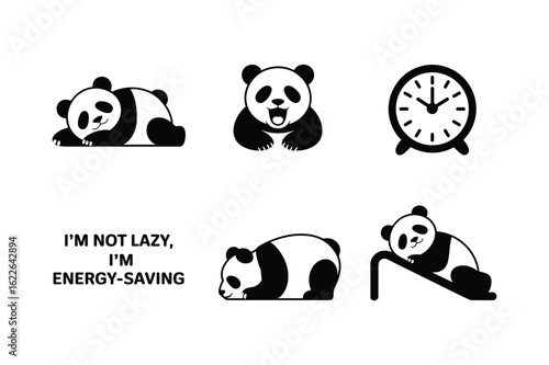 Black and white pandas and alarm clock with text vector