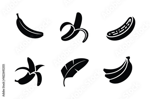 Black banana icons and leaf silhouette peeled banana slice