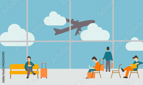 Flat vector illustration of people waiting at the airport lounge with a large window showing a flying airplane. Modern travel concept with passengers sitting, using smartphones,