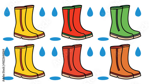 Colorful rubber boots and raindrops rain boots yellow boots