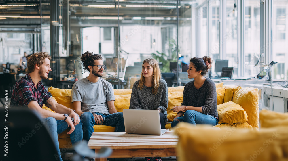 Obraz premium A group of young professionals collaborating in a bright coworking space
