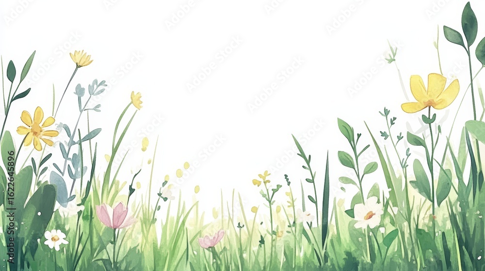 Fototapeta premium Charming Watercolor Meadow Ambience with Light Flowers and Leaf Frames for Romantic Illustrations