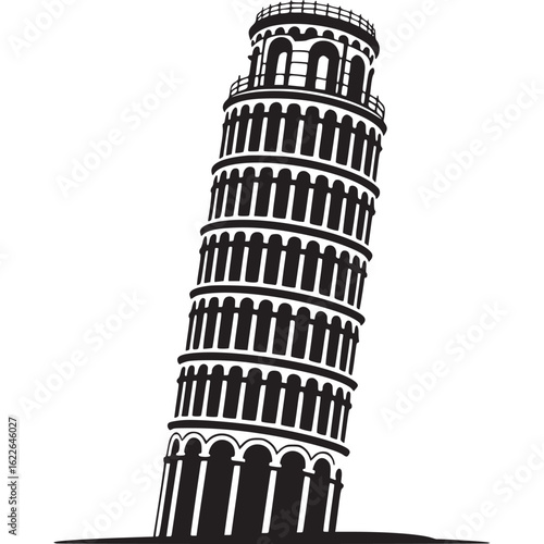 Black and white graphic of the leaning tower of pisa on transparent background