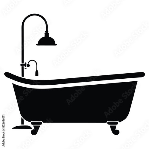 Black bathtub with shower, vintage plumbing fixture, bathroom design element, vector illustration