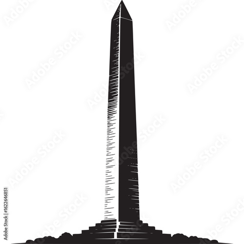 Monochrome illustration of a tall obelisk with stepped base on transparent background