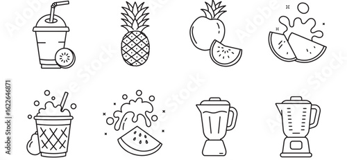 Black and white illustrated healthy fruit smoothies and blender icon set