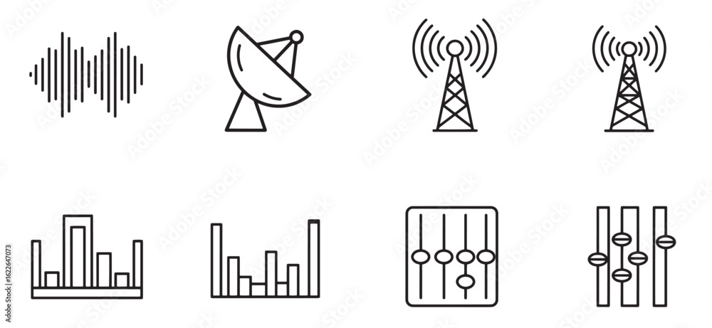 Fototapeta premium Collection of digital signal, radio tower, and audio equipment icons in minimalist black lines