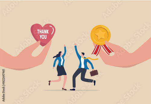 Employee appreciation, giving thank you or recognition award to best employees, gratitude or grateful support, thankful concept, businessman hand giving heart with thank you and reward to employees.