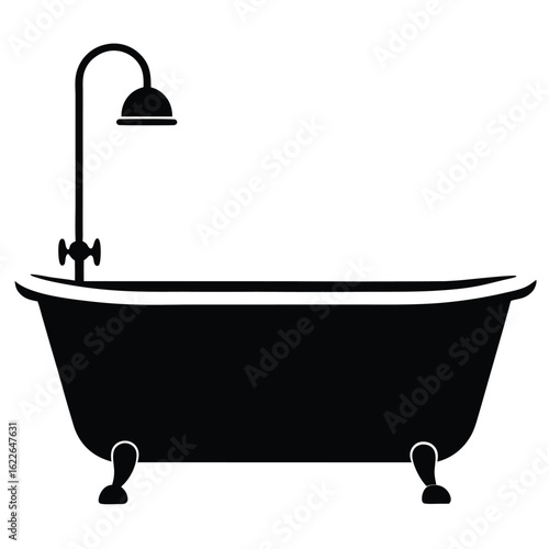 Black Clawfoot Bathtub Illustration with Shower Fixture, Minimalist Design, Bathroom Fixtures