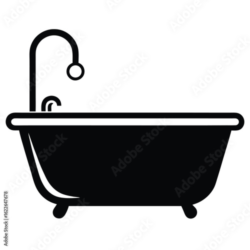 Minimalist Illustration Black Bathtub with Classic Faucet Design and Clawfoot Legs