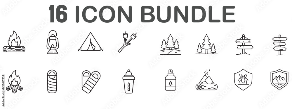 Fototapeta premium Collection of sixteen camping adventure icon illustrations in modern minimalist style