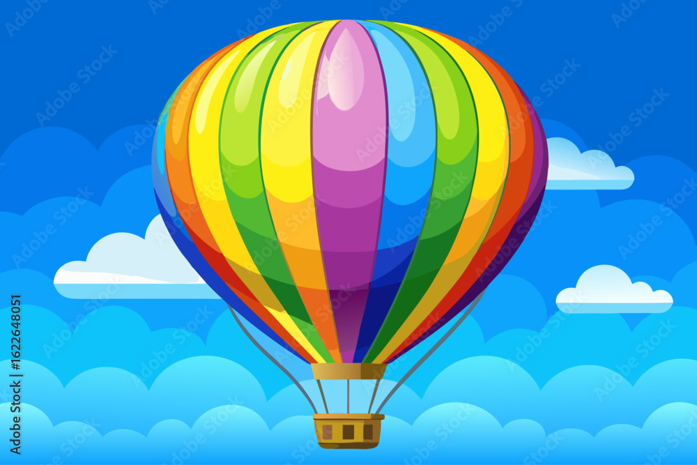 Naklejka premium vector of Colorful hot air balloon with rainbow stripes flying in clear blue sky.
