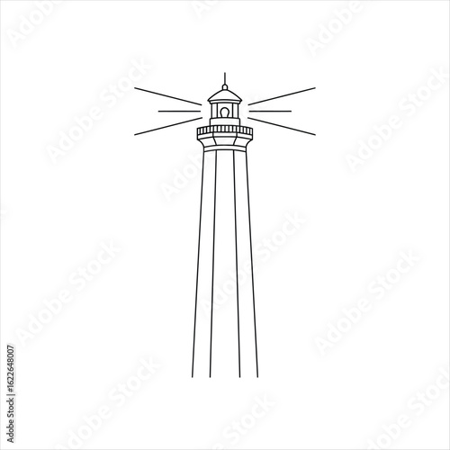 Black outline of a tall lighthouse with radiating light beams beacon maritime
