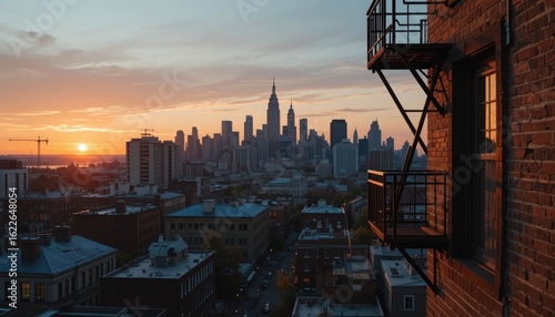 Sunset City Skyline and Rusty Fire Escape