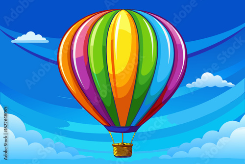 vector of Colorful hot air balloon with rainbow stripes flying in clear blue sky.