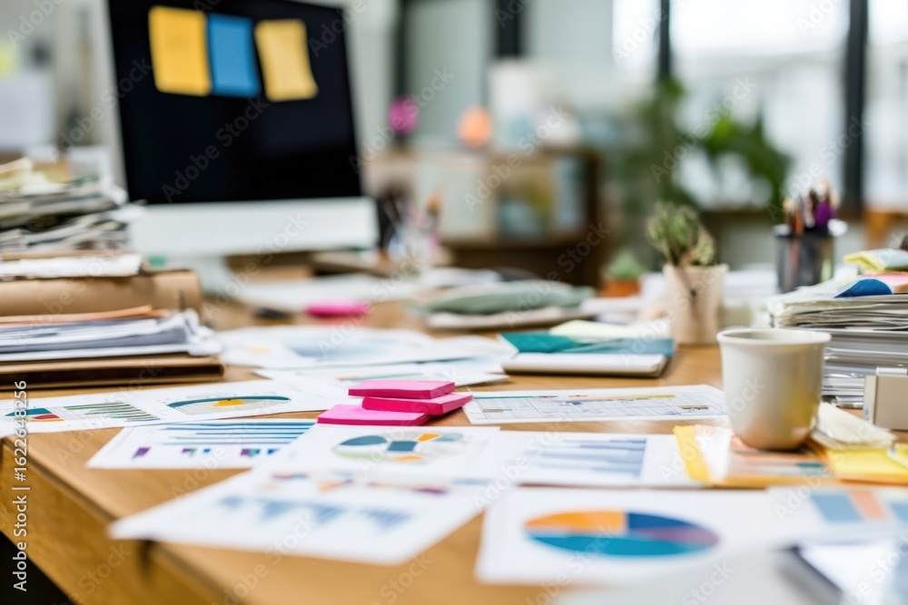 custom made wallpaper toronto digitalA cluttered office desk with scattered charts, sticky notes, a computer monitor, and a coffee cup