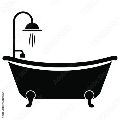 Black Clawfoot Bathtub Icon with Shower Head and Water Streams Illustration Image