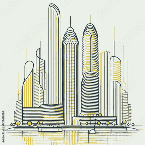 Modern tall highrise buildings in the city, vector illustration
