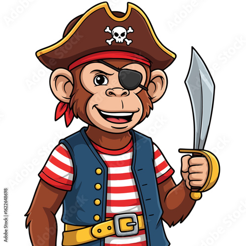 Adventurous cartoon monkey pirate captain with an eyepatch and cutlass. A fun animal character mascot for a treasure hunt.