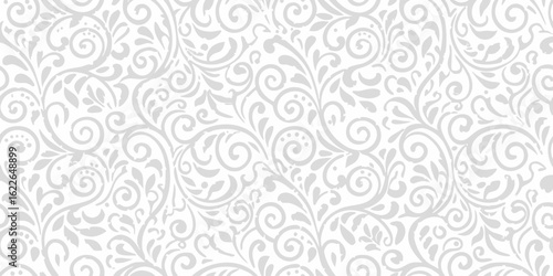 Elegant Floral Pattern with Swirls and Leaves in Soft Gray and White