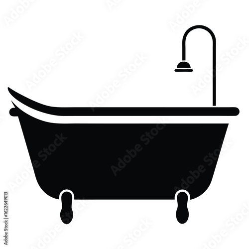 Black Silhouette of Freestanding Bathtub with Shower Fixture and Claw Feet Design