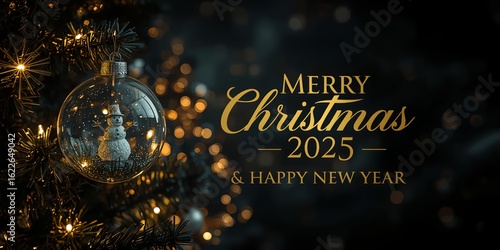 Christmas themed background and banner with snowman ornament and soft golden bokeh lights,Merry Christmas 2025 and Happy New Year