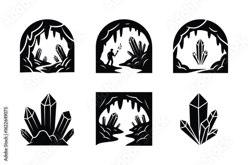 Cave entrance with crystals and explorer silhouette torch