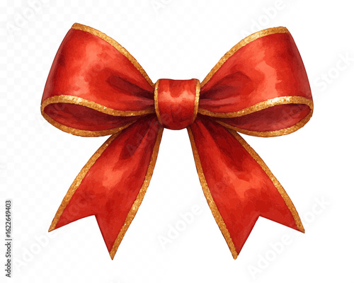Festive red watercolor bow with golden outline and subtle sparkle details, hand-painted in rich tones on transparent background. Vector illustration.