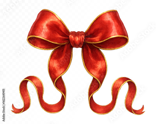 Red watercolor bow with gold trim and curled ribbon tails, festive hand-painted ornament on transparent background. Vector illustration.