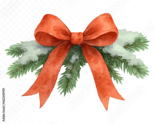 Watercolor red Christmas bow with snow-covered pine branches, festive hand-painted holiday decoration perfect for cards, crafts, invitations and seasonal design. Vector illustration.
