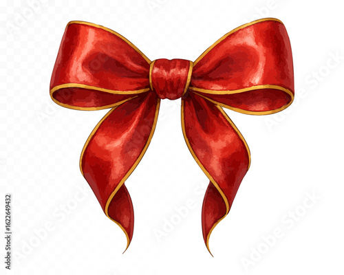 Red watercolor bow with gold trim and curled ribbon tails, festive hand-painted ornament on transparent background. Vector illustration.