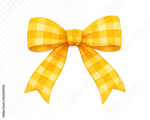 Watercolor yellow gingham bow with soft pastel texture and hand-painted details, perfect for baby shower decor, invitations, crafts and scrapbooking. Vector illustration.