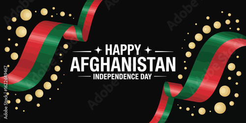 Afghanistan Independence Day design featuring flowing flag-colored ribbons, gold confetti, and greeting text on bold black celebratory background 