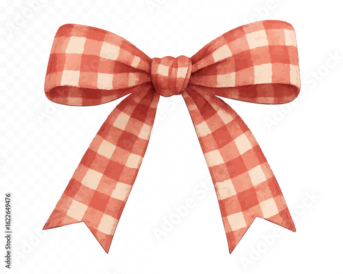 Watercolor red and beige gingham check bow with vintage country charm, hand-painted ribbon perfect for rustic holiday decor, gifts, tags, cards and festive crafts. Vector illustration.