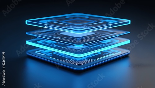 Futuristic stacked microchips glowing with electric blue light on a dark reflective surface representing advanced technology and innovation