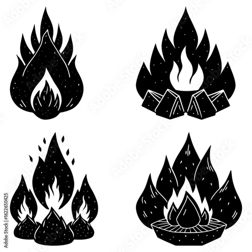 Four black and white illustrations of stylized flames and campfires in various arrangements and designs