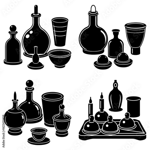 Collection of various black and white containers including bottles glasses and bowls in a simple illustration