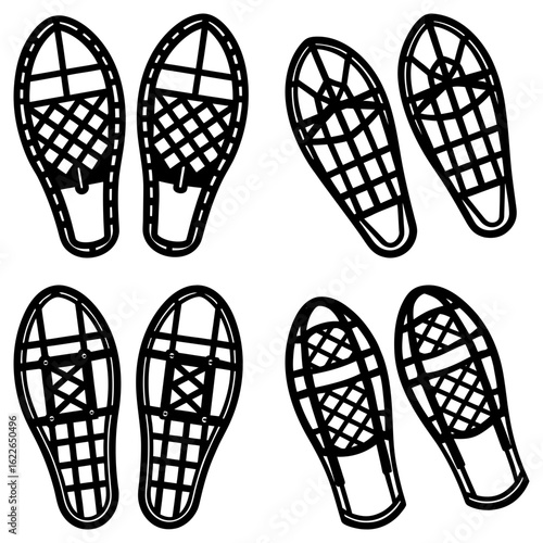 Four pairs of snowshoes with intricate webbing designs displayed in a symmetrical arrangement on white