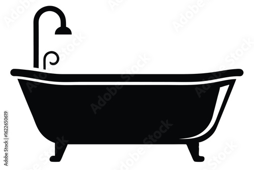 Elegant Black Bathtub Icon with Shower Head and Classic Clawfoot Legs