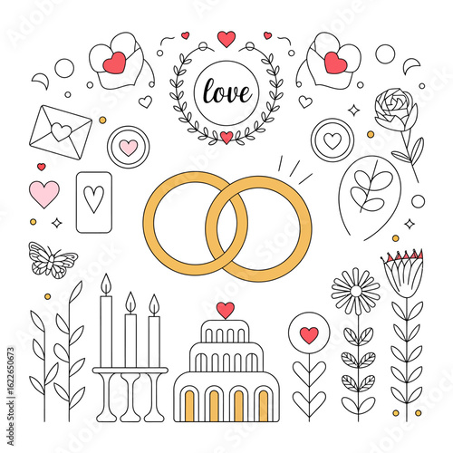 Romantic wedding doodle elements arrangement with gold rings cake love hearts flowers and candlelight for valentines day or anniversary celebration