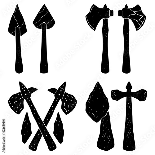Illustration of stone age tools including axes and spears in a black and white linocut style design