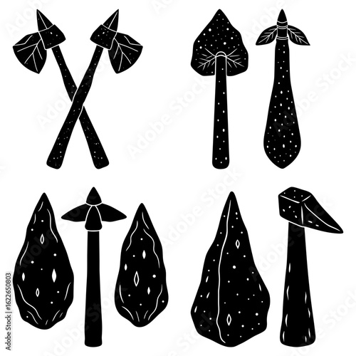 Illustration of primitive tools including axes spears and hammers in black and white design style