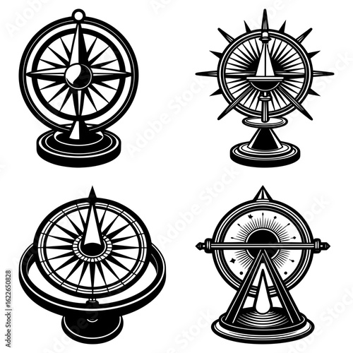 Four vintage compasses in black and white with intricate designs and detailed stands showing direction