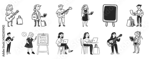 Everyday activity doodle icon set with hand-drawn people doing common tasks like working, walking, and relaxing