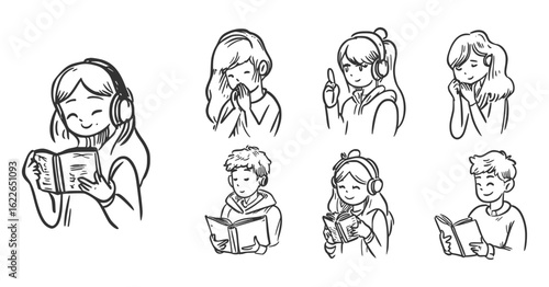 Female character doodle icon set with hand-drawn reading, listening, and thinking women in sketch style